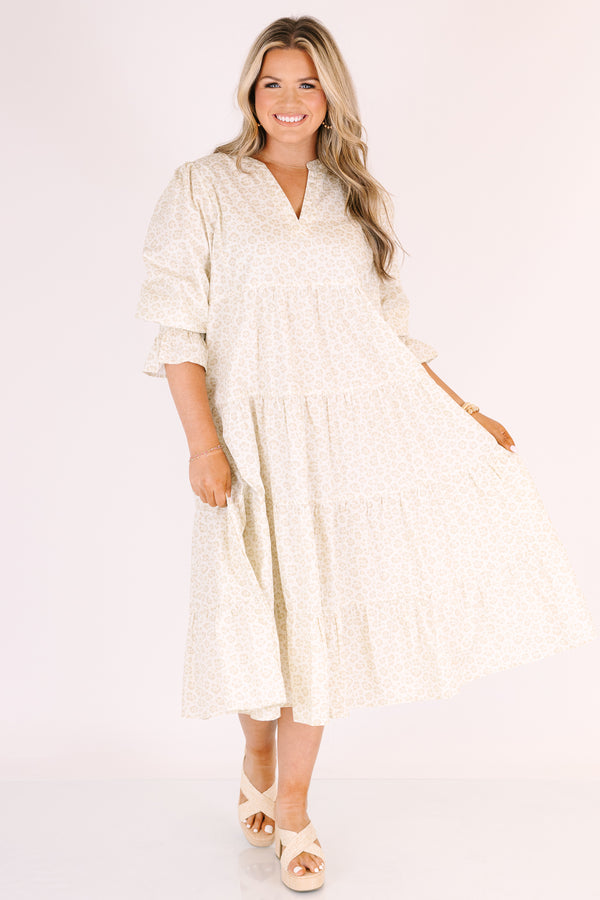Chic Soul plus size clothing, light ivory and beige leopard print 3/4 puff sleeve tiered midi dress with cinched sleeves and v neck cut out 