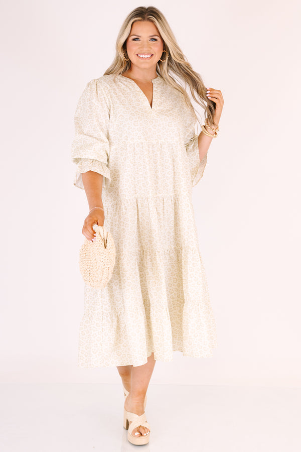 Chic Soul plus size clothing, light ivory and beige leopard print 3/4 puff sleeve tiered midi dress with cinched sleeves and v neck cut out 