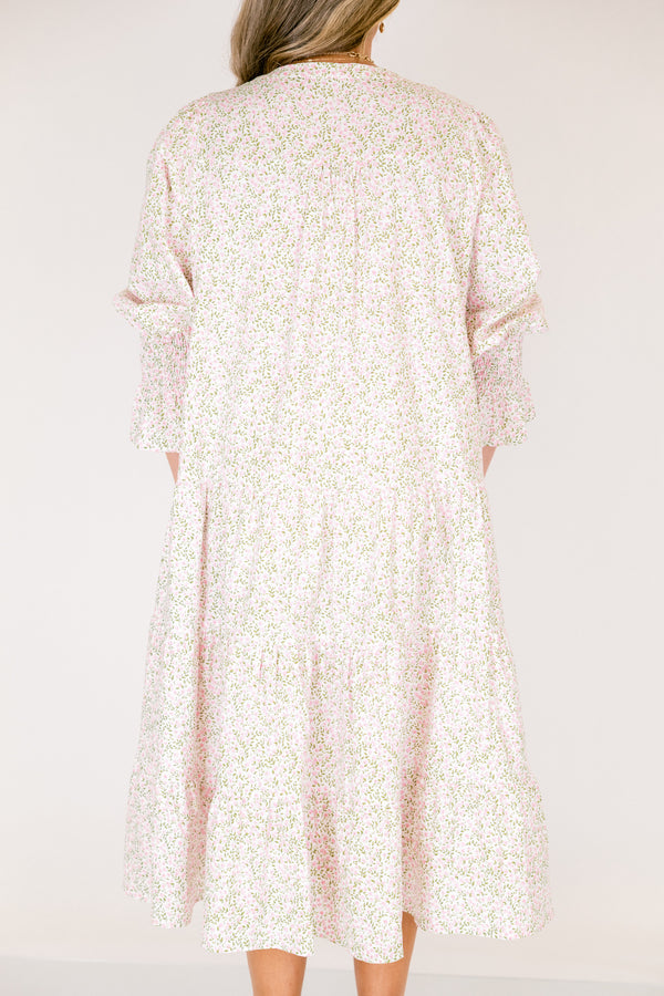 Chic Soul plus size clothing, light pink mid sleeve midi dress with v-neckline and cinched sleeves with small pink and green floral print throughout dress 