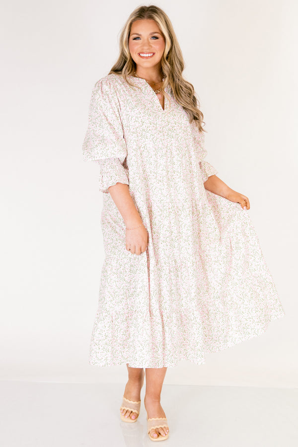 Chic Soul plus size clothing, light pink mid sleeve midi dress with v-neckline and cinched sleeves with small pink and green floral print throughout dress 