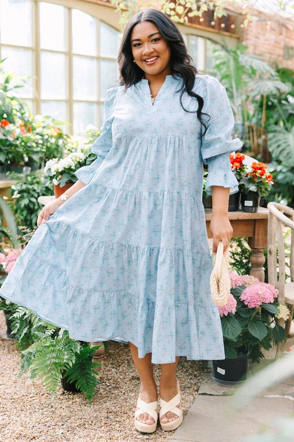 Chic Soul plus size clothing, light blue  short puff sleeve tiered maxi dress with blue floral print and v neck cutout