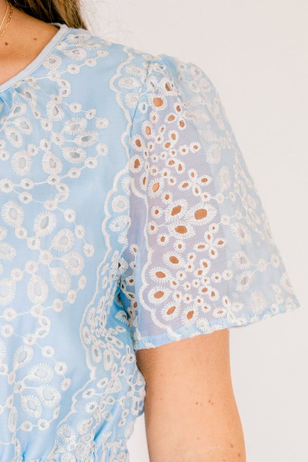 Chic Soul plus size clothing, short-sleeve baby blue ruffle dress with a smocked waistline and a button-down-neckline with an off-white eyelet pattern