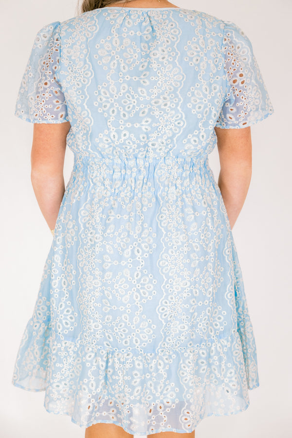 Chic Soul plus size clothing, short-sleeve baby blue ruffle dress with a smocked waistline and a button-down-neckline with an off-white eyelet pattern