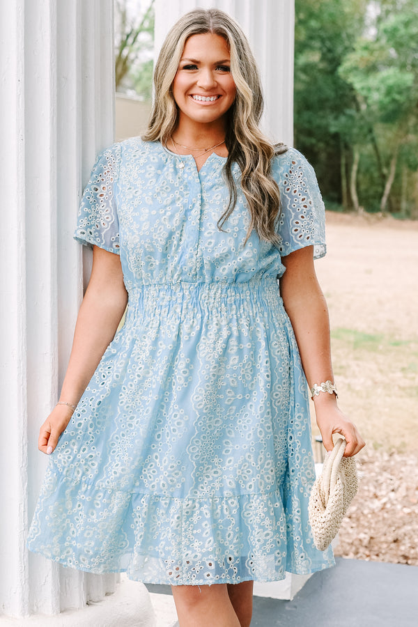 Chic Soul plus size clothing, short-sleeve baby blue ruffle dress with a smocked waistline and a button-down-neckline with an off-white eyelet pattern
