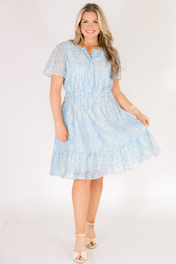 Chic Soul plus size clothing, short-sleeve baby blue ruffle dress with a smocked waistline and a button-down-neckline with an off-white eyelet pattern