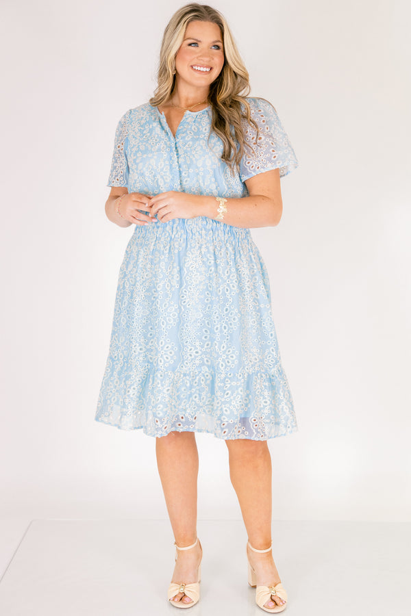 Chic Soul plus size clothing, short-sleeve baby blue ruffle dress with a smocked waistline and a button-down-neckline with an off-white eyelet pattern