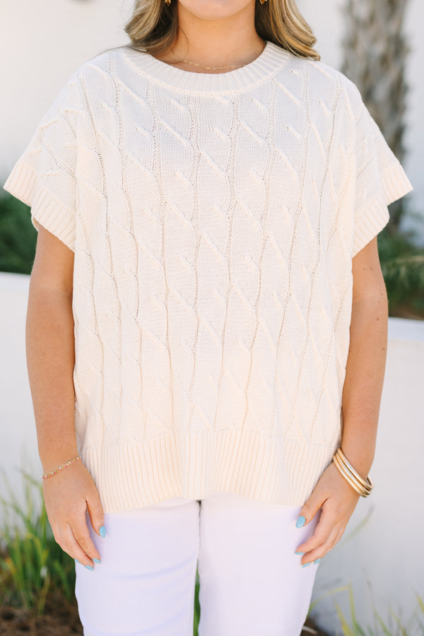 Chic Soul plus size clothing, cream cable knit short sleeve sweater