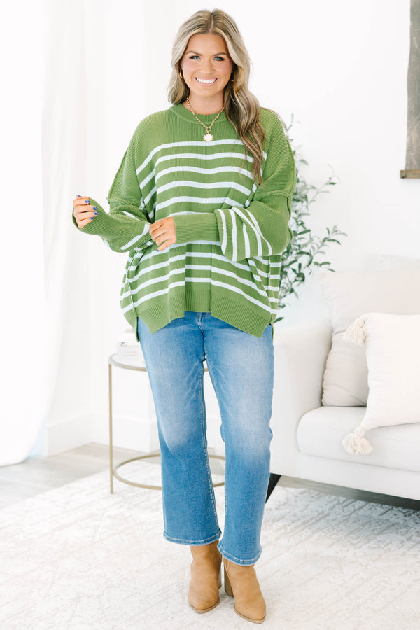 Plus Size olive green and white striped knit sweater with a crew neck and long bubble sleeves.