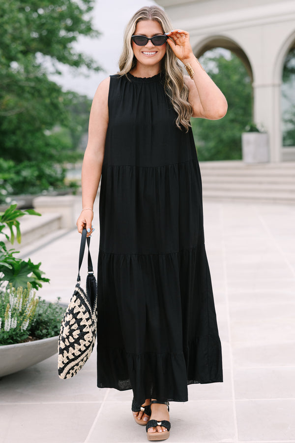 Chic Soul plus size clothing, sleeveless black tiered maxi dress with rufflled high neckline