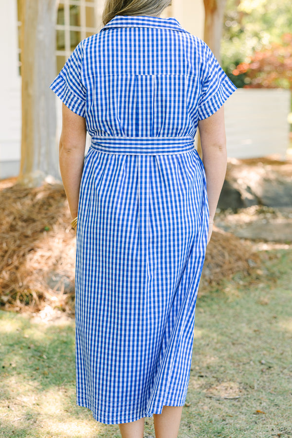 Chic Soul plus size clothing, royal blue gingham print short sleeve button up collared maxi dress with tie belt at the waist 