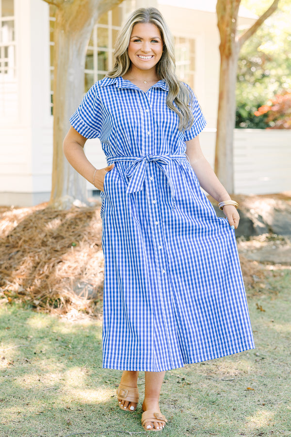 Chic Soul plus size clothing, royal blue gingham print short sleeve button up collared maxi dress with tie belt at the waist 