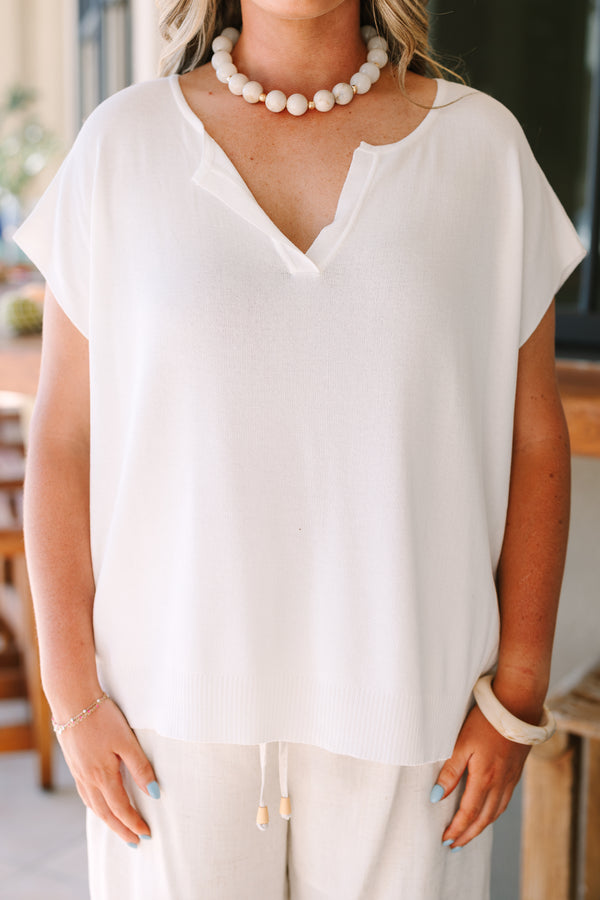 Plus Size short sleeve v-neck sweater in off-white with a relaxed fit and breathable fabric.