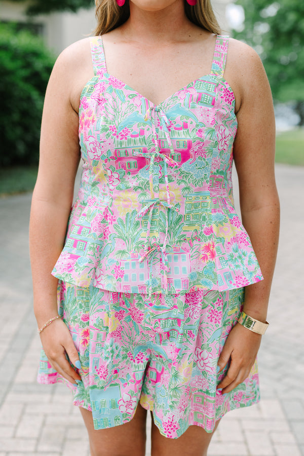 Chic Soul plus size clothing, pink multi colored print tank with adjustable straps