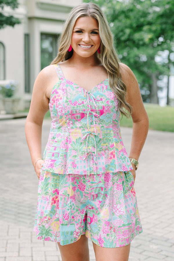 Chic Soul plus size clothing, pink multi colored print tank with adjustable straps