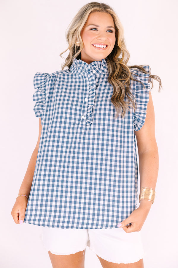 Chic Soul plus size clothing, blue gingham short sleeve top with ruffle sleeves and neckline