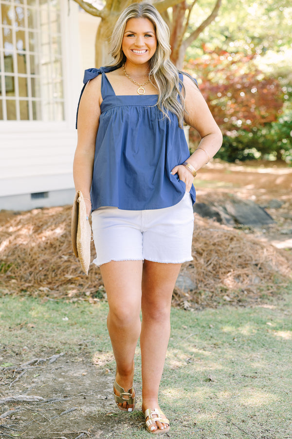 Chic Soul plus size clothing, navy blue tank top with straps that are tied at the top of the shoulder