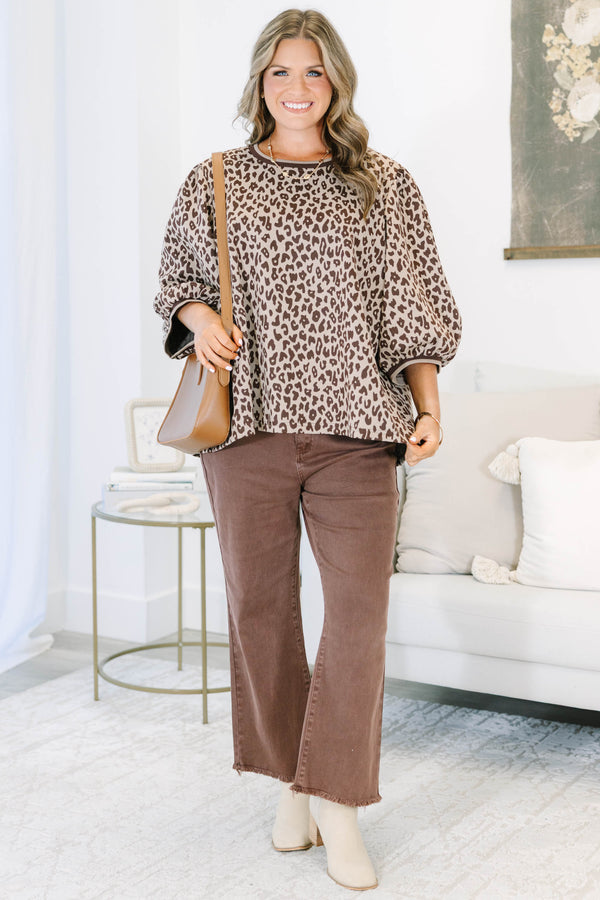 Plus size clothing, brown leopard print top 
