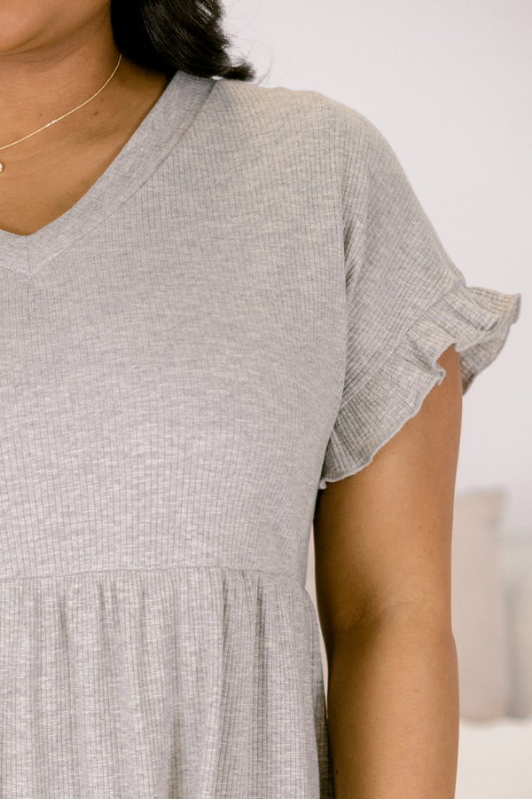 Chic Soul plus size clothing, grey v-neckline babydoll short dress with flutter short sleeves