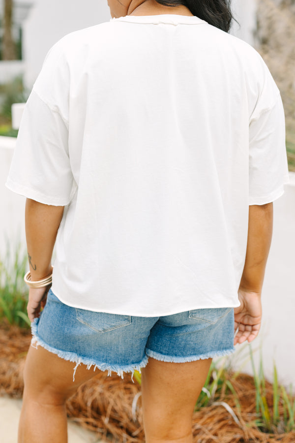 Chic Soul plus size clothing, white graphic tee with beachy line drawings on the shirt and the saying 