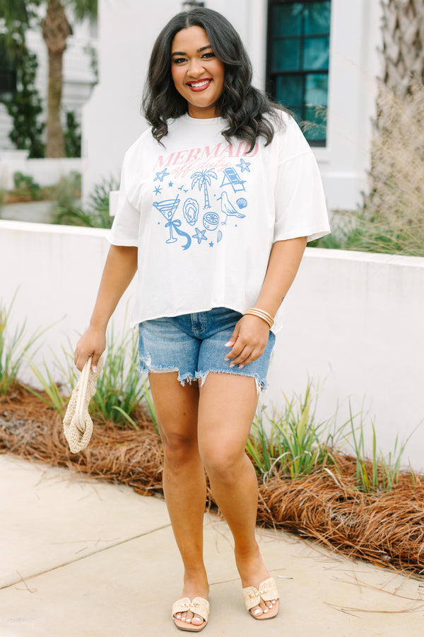 Chic Soul plus size clothing, white graphic tee with beachy line drawings on the shirt and the saying 