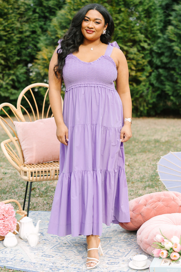 Chic Soul plus size clothing, light purple tiered maxi dress with ribbon tie sleeves