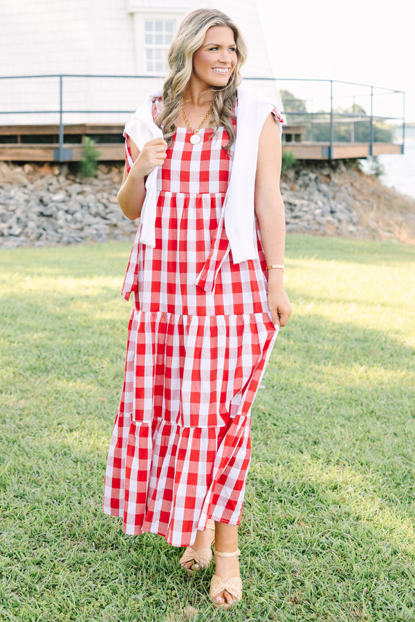 Plus Size red and white gingham tiered maxi dress with a square neckline and shoulder ties.