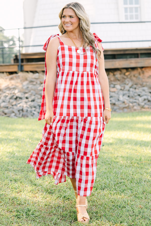 Plus Size red and white gingham tiered maxi dress with a square neckline and shoulder ties.