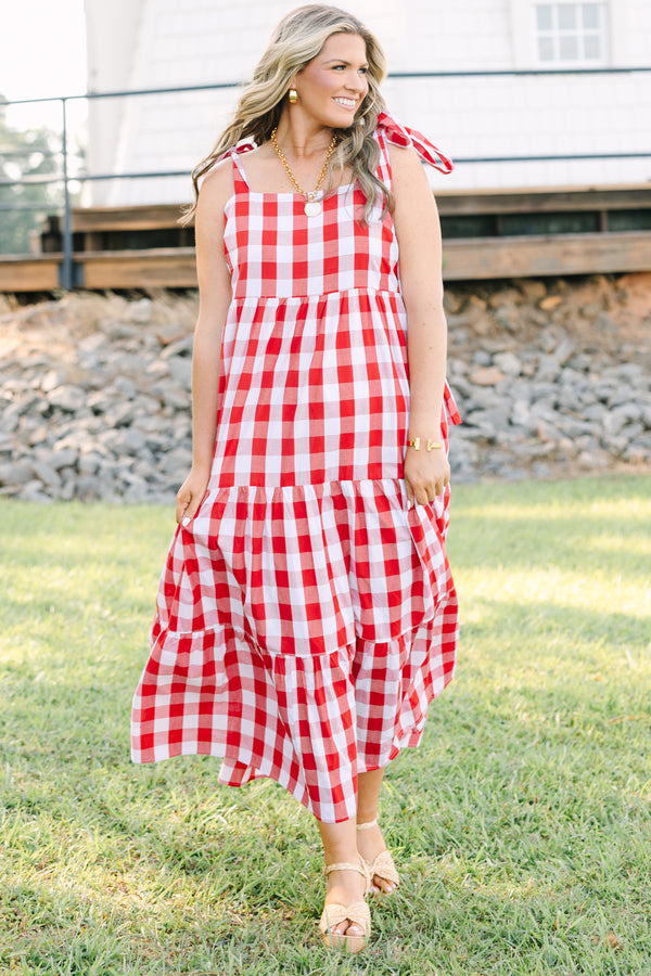Plus Size red and white gingham tiered maxi dress with a square neckline and shoulder ties.