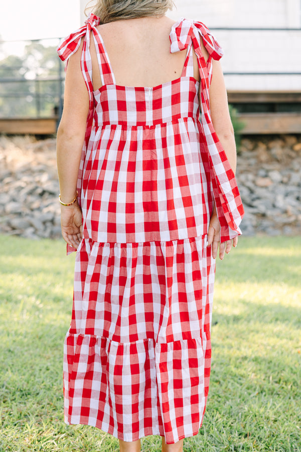 Plus Size red and white gingham tiered maxi dress with a square neckline and shoulder ties.