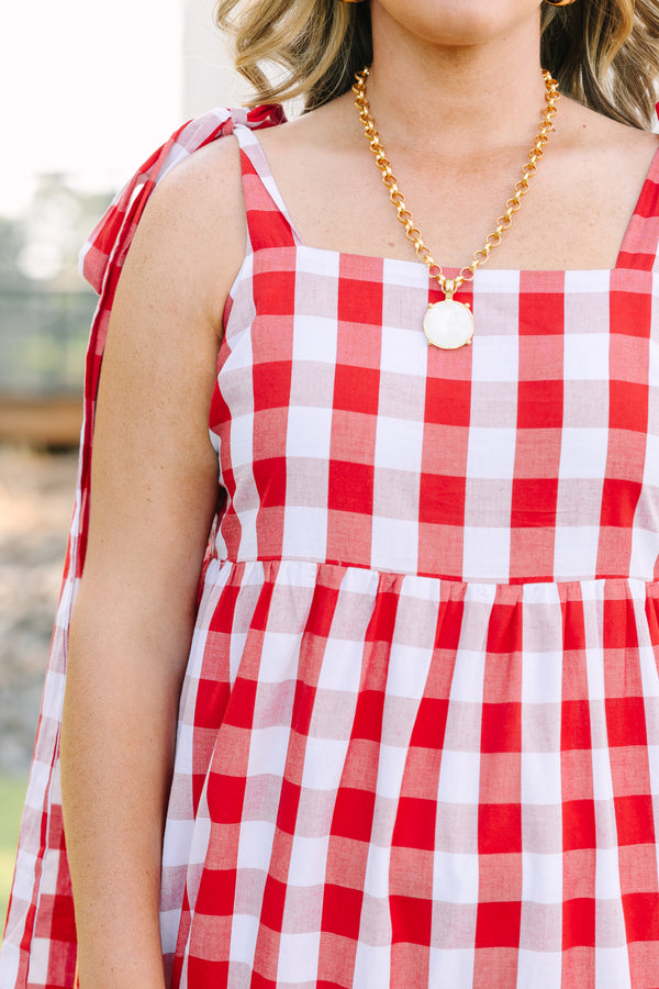 Plus Size red and white gingham tiered maxi dress with a square neckline and shoulder ties.