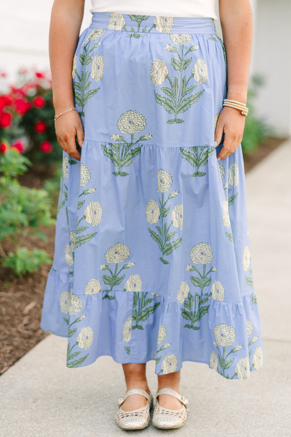 Plus Size blue floral cotton maxi skirt with a tiered design and white flower block print.