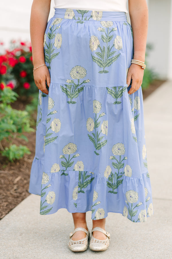 Plus Size blue floral cotton maxi skirt with a tiered design and white flower block print.