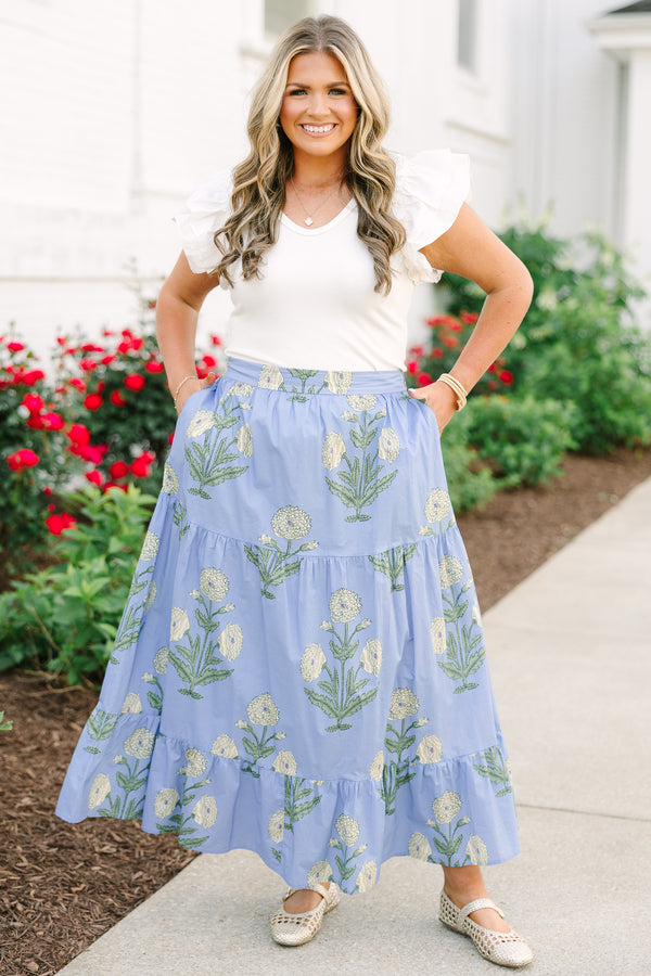 Plus Size blue floral cotton maxi skirt with a tiered design and white flower block print.