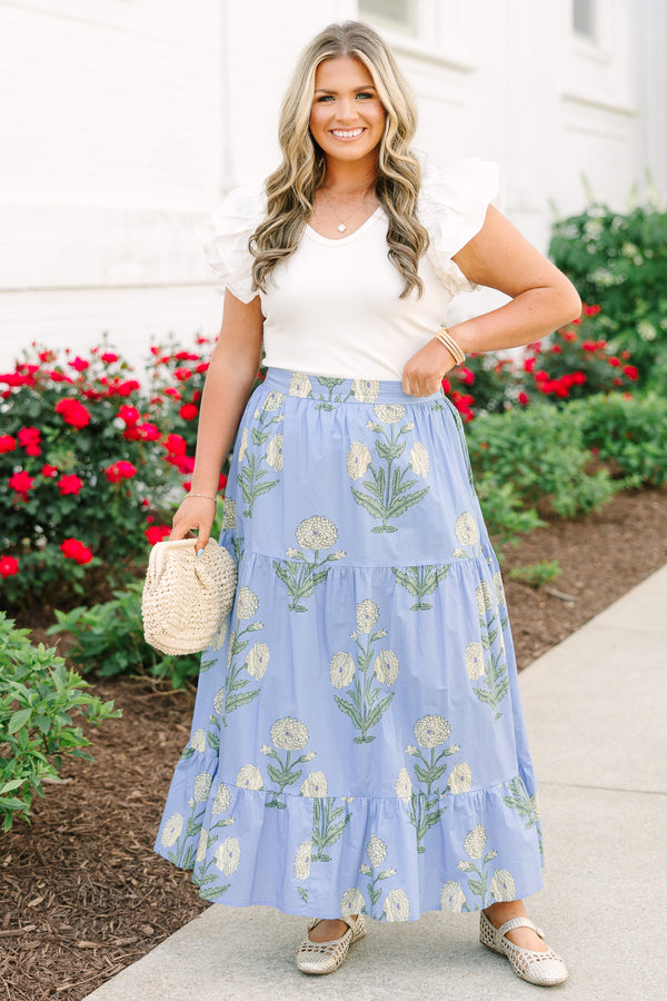 Plus Size blue floral cotton maxi skirt with a tiered design and white flower block print.