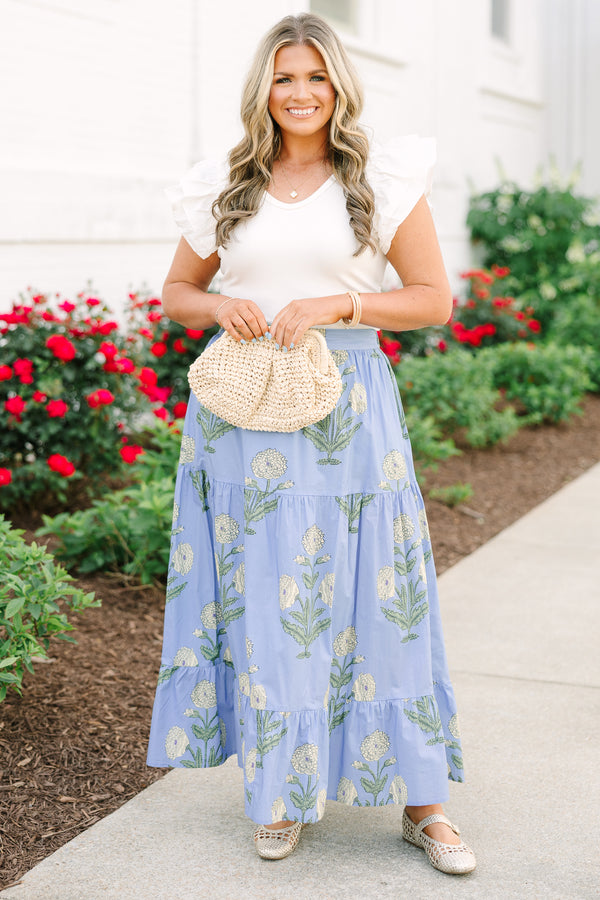 Plus Size blue floral cotton maxi skirt with a tiered design and white flower block print.