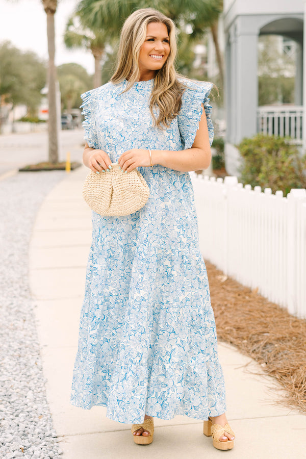 Chic Soul plus size clothing, blue and white floral patterned tiered flowy maxi dress with flutter ruffle cap sleeves