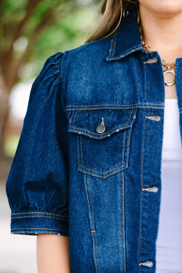 Plus Size dark wash denim jacket with puff short sleeves, button front, and chest pockets.
