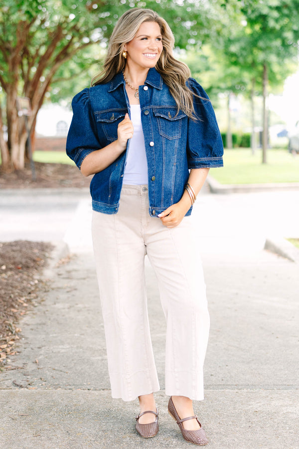 Plus Size dark wash denim jacket with puff short sleeves, button front, and chest pockets.