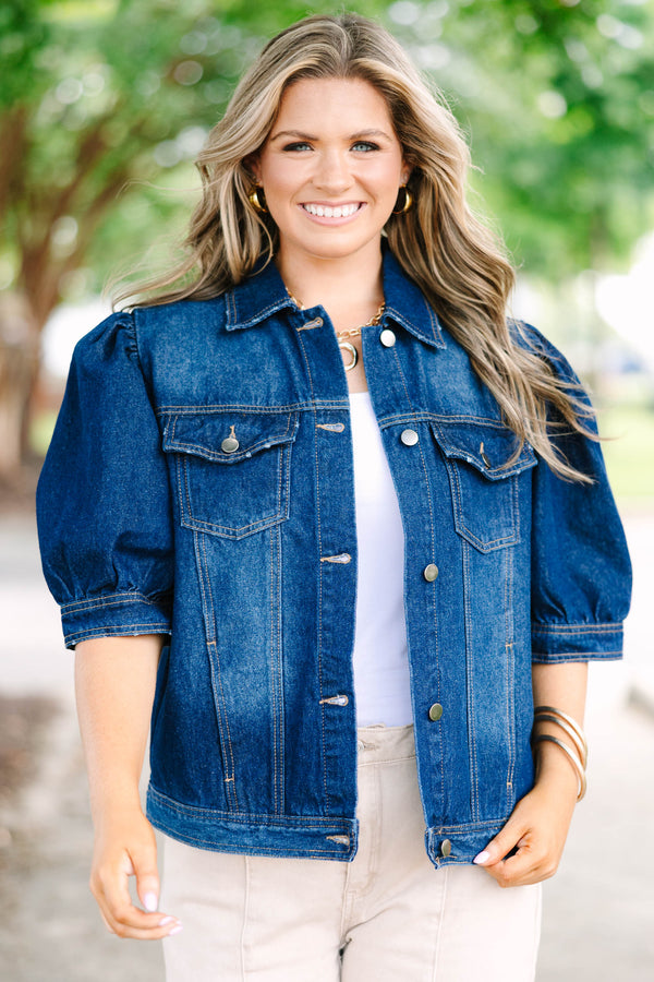 Plus Size dark wash denim jacket with puff short sleeves, button front, and chest pockets.