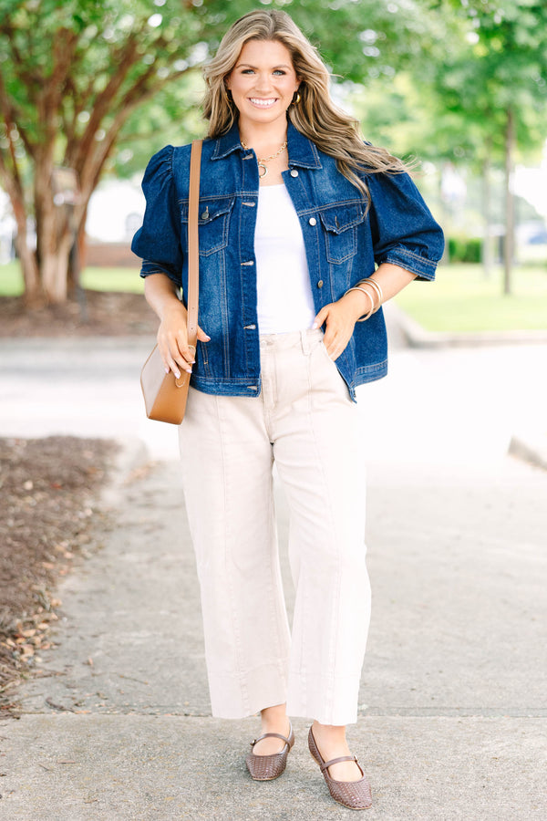 Plus Size dark wash denim jacket with puff short sleeves, button front, and chest pockets.