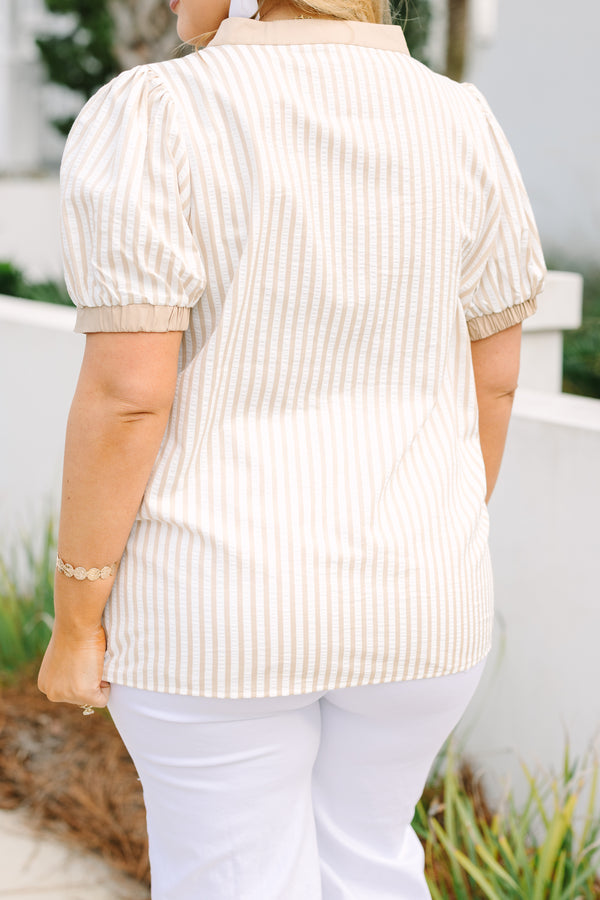 Chic Soul plus size clothing, brown striped top with short bubble sleeves that have  light brown cuffs at the end of each sleeve and two stripes outlining the V-neckline