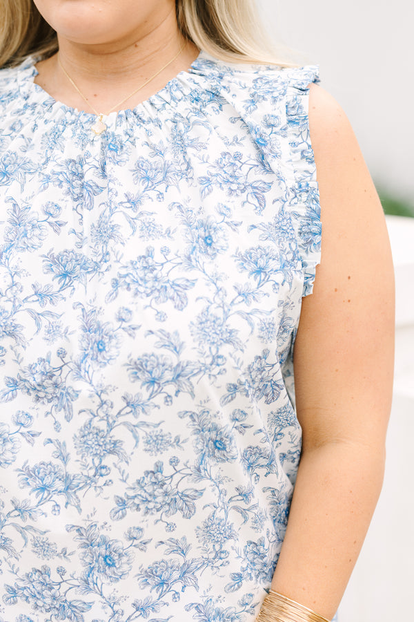 Chic Soul plus size clothing, Blue floral sleeves top with a ruffle detail going around the neckline and around the the shoulder area 
