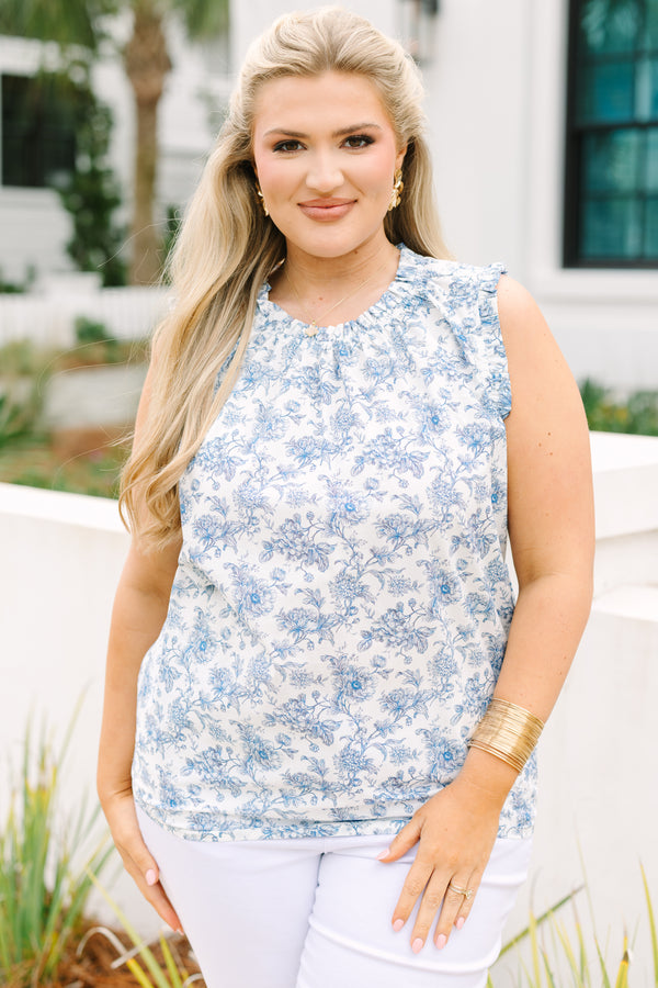 Chic Soul plus size clothing, Blue floral sleeves top with a ruffle detail going around the neckline and around the the shoulder area 
