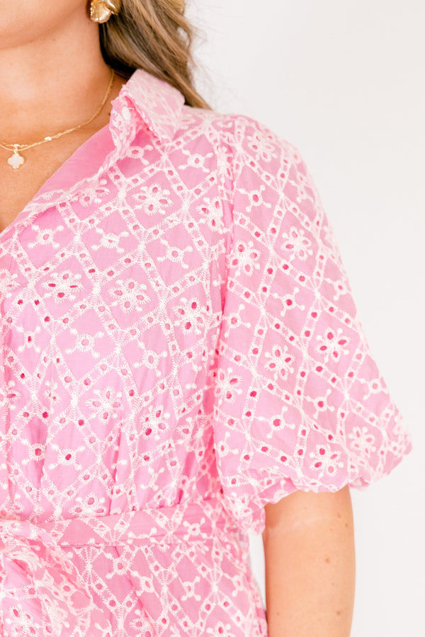 Chic Soul  plus size clothing, bubblegum pink short puff sleeve button up collared dress with white embroidery eyelet detailing and a tie belt at the waist 