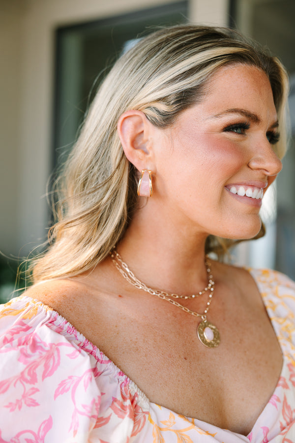 Plus Size pink enamel and gold-toned hoop earrings with a wide, polished finish.