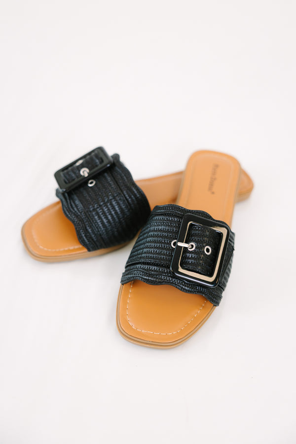 Chic Soul plus size clothing, black single strap slide sandals with buckle detailing