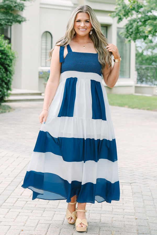 Chic Soul Plus Size Clothing, a color-block cobalt and white maxi-dress with tie-closure tank ribbon sleeves