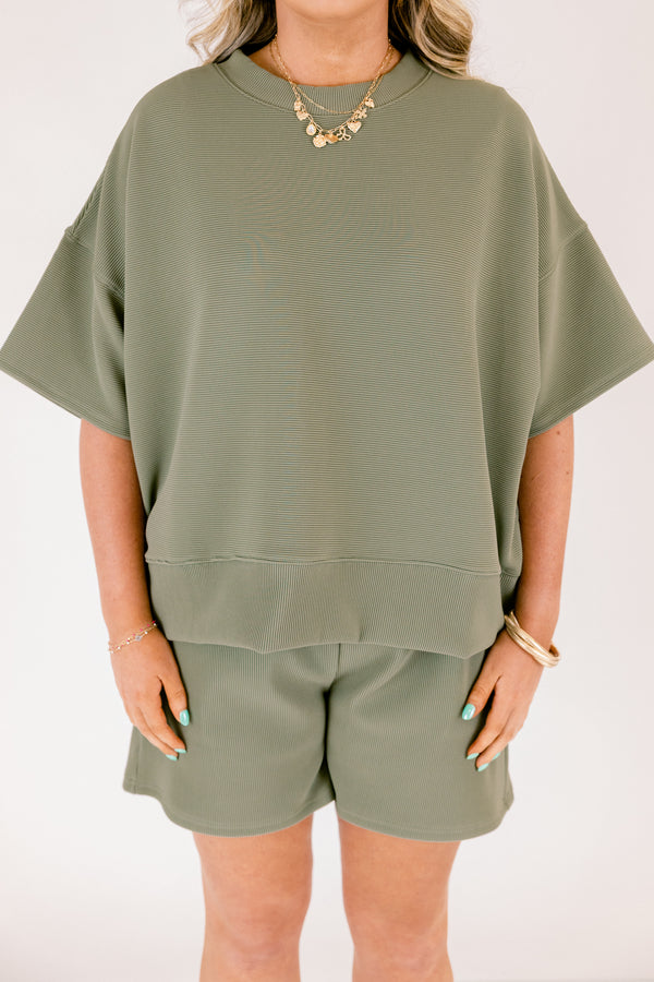 Chic Soul plus size clothing, light olive green short sleeve crewneck top with elastic waistband shorts making a matching set