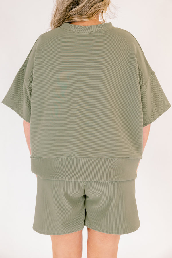 Chic Soul plus size clothing, light olive green short sleeve crewneck top with elastic waistband shorts making a matching set