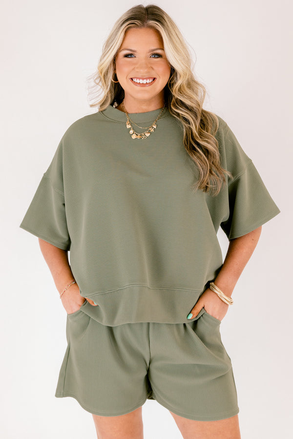 Chic Soul plus size clothing, light olive green short sleeve crewneck top with elastic waistband shorts making a matching set